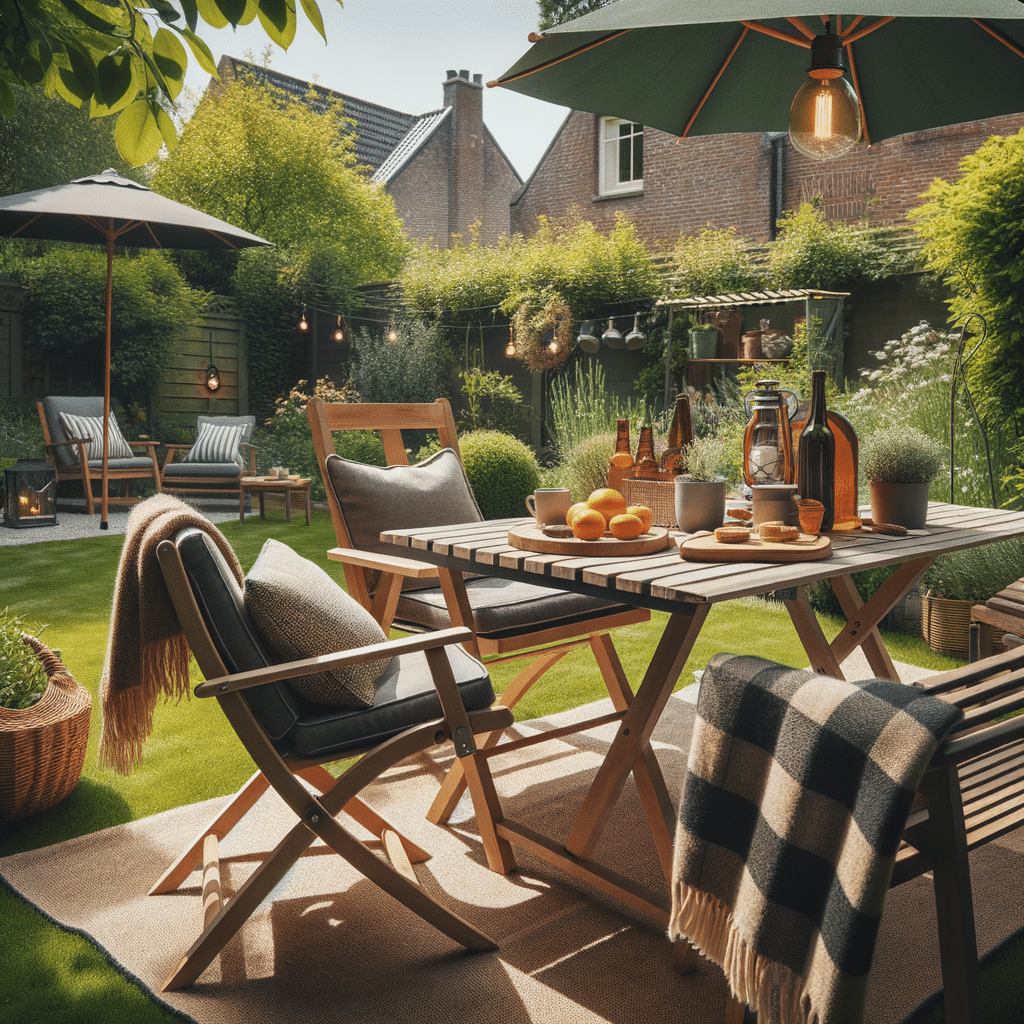Zonnig terras met houten tuinmeubilair en ontbijtsetup