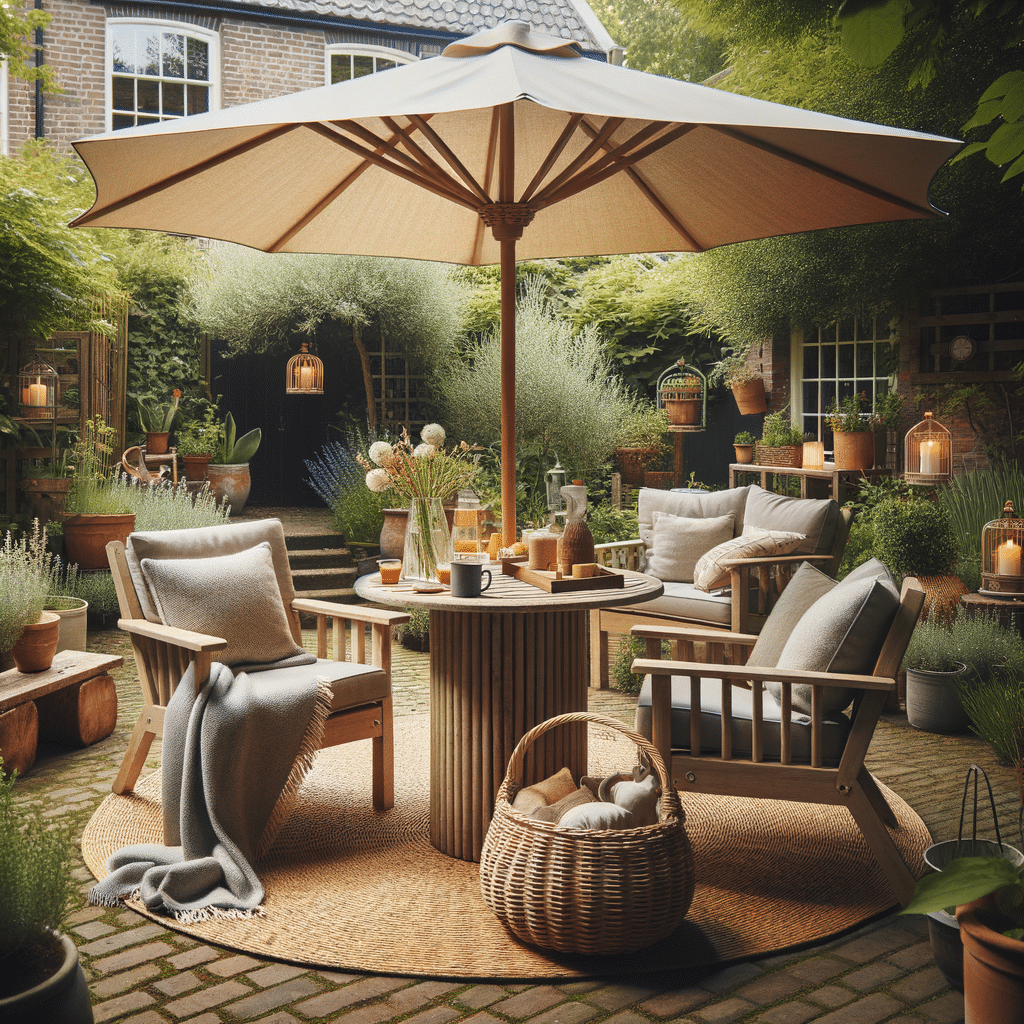 Gezellige tuin met zitgedeelte en parasol