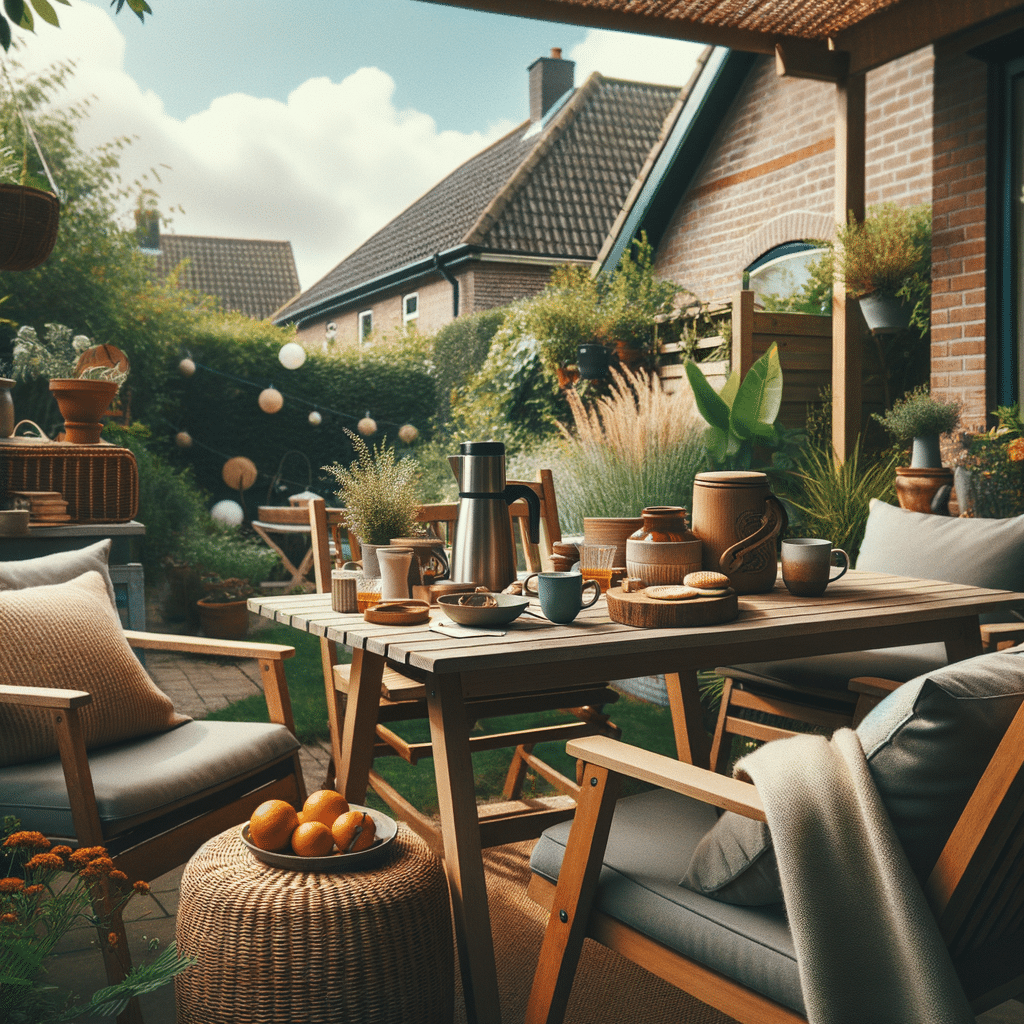 Gezellige tuin met houten tafel en koffie servies