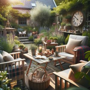 Gezellige tuin met comfortabele zithoek en planten