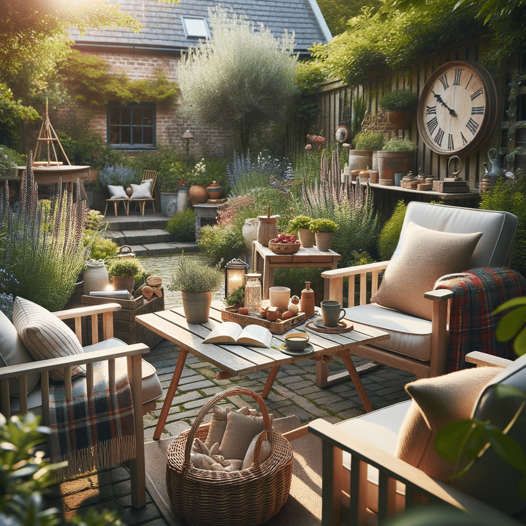 Gezellige tuin met comfortabele zithoek en planten