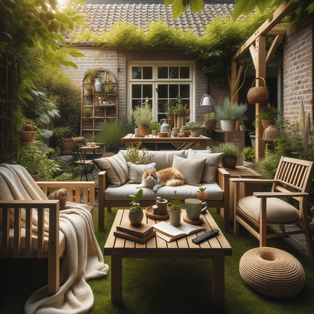 Knusse tuin met houten meubels en ontspannen kat