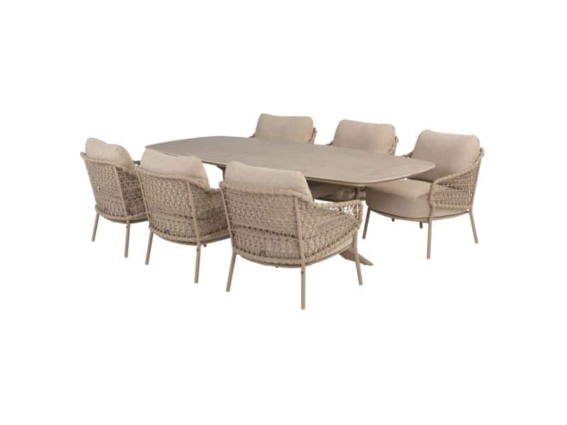 Nevada Sardinia barrel low dining tuinset 7 delig 250x105xH69 keramiek sabia panna latte 4 Seasons Outdoor