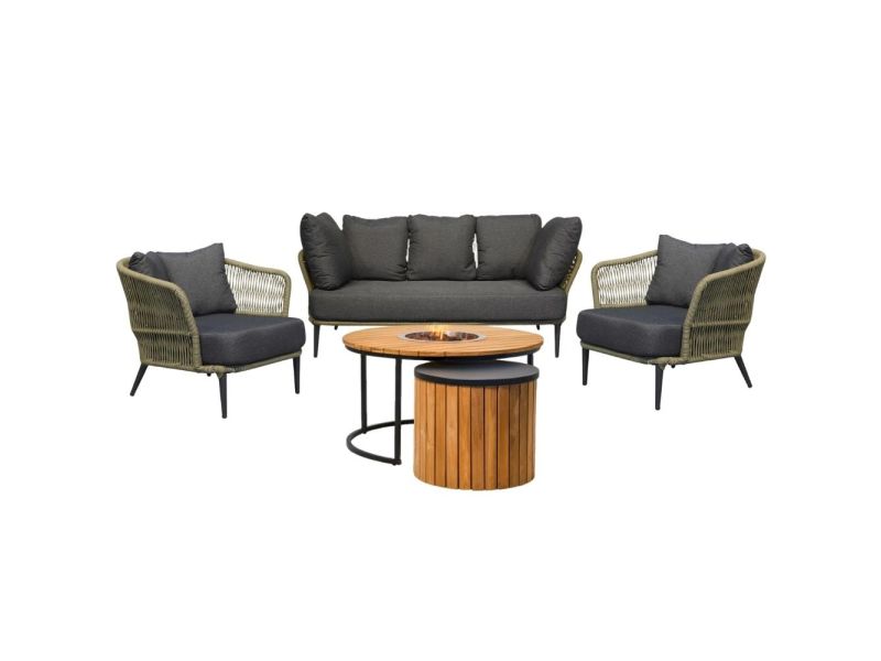 Palermo/Roundi stoel-bank loungeset met vuurtafel 5 personen | aluminium + touw | olijfgroen | 5-delig