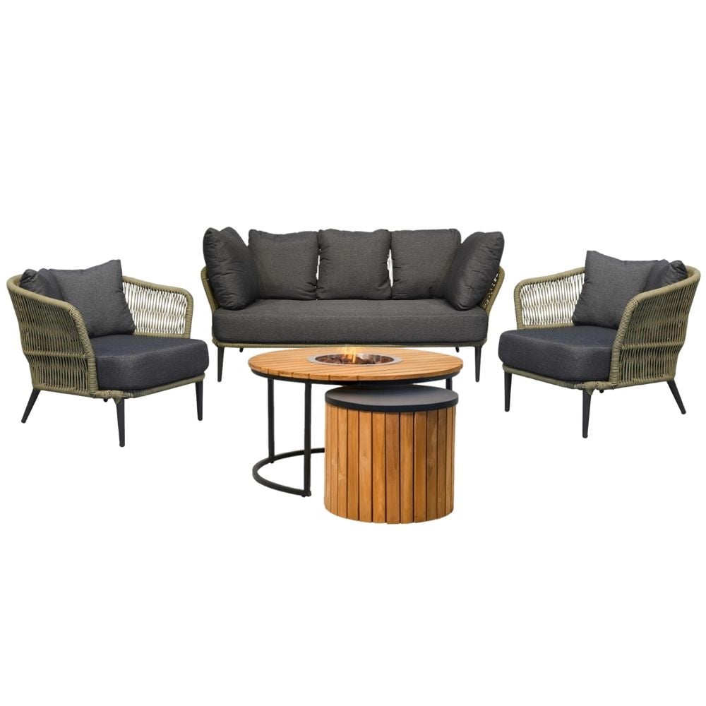 palermo/roundi stoel bank loungeset met vuurtafel 5 personen | aluminium + touw | olijfgroen | 5 delig