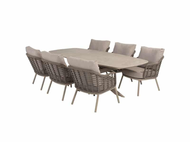 Puglia Nevada low dining tuinset 250x105xH69 cm 7 delig deens ovaal keramiek 4 Seasons Outdoor