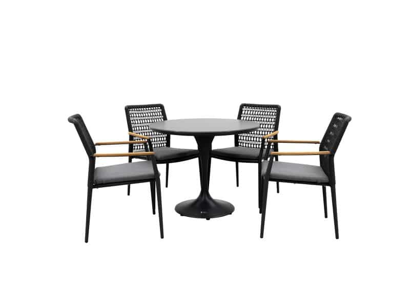 Qopps Gaona tuintafel met 4 Indra stapelstoelen antraciet