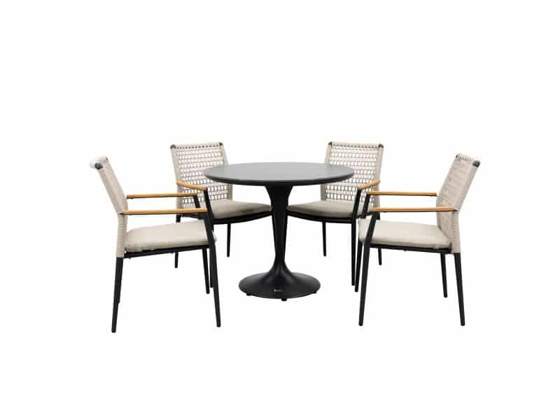 Qopps Gaona tuintafel met 4 Indra stapelstoelen beige