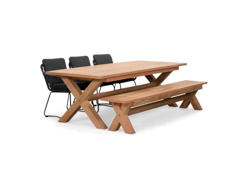 Riga/Harper Lava Grey stoel-bank dining tuinset | 6 personen | hardhout + touw | 250cm