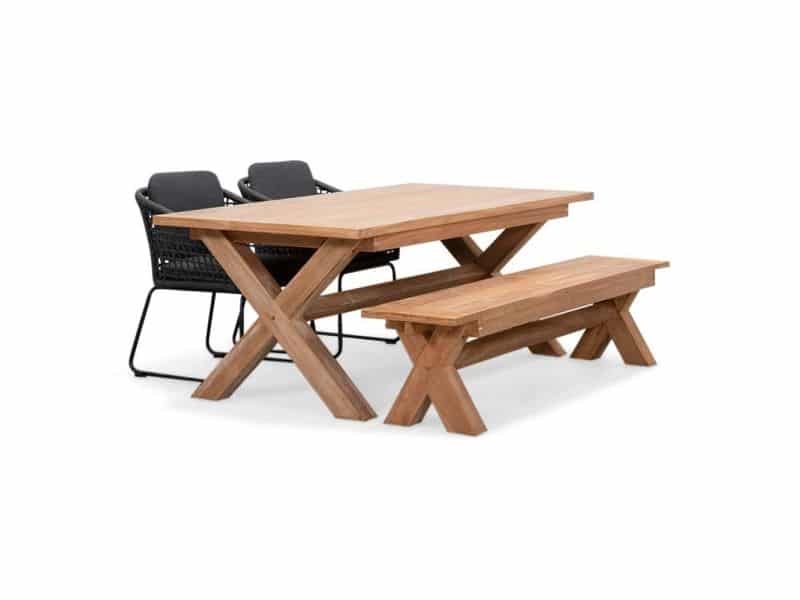 Riga/Tulum Lava Grey stoel-bank dining tuinset | 4 personen | hardhout + touw | 200cm