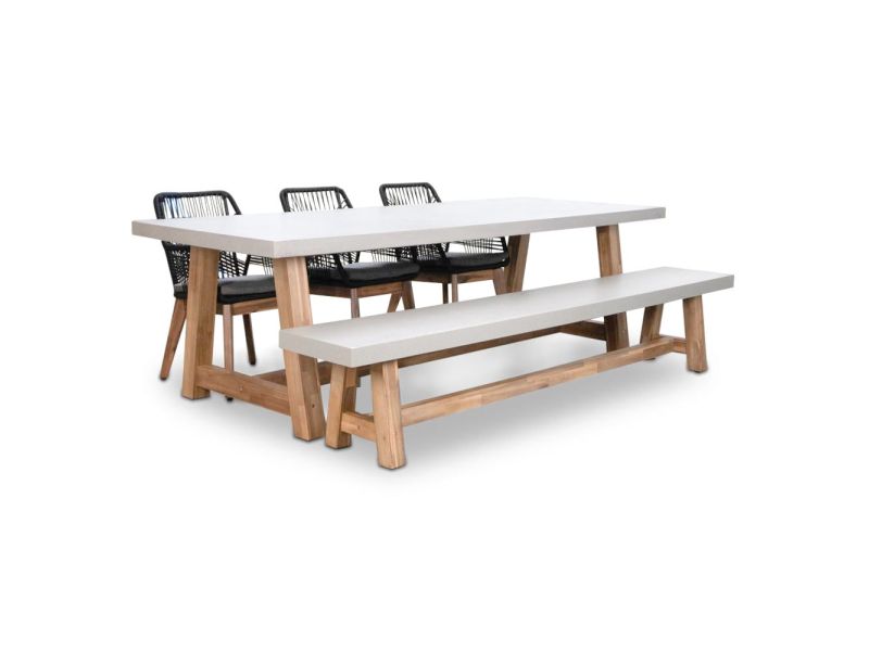Veltis/Seville zwart hout stoel-bank dining tuinset | 6 personen | betonlook + touw | 250cm