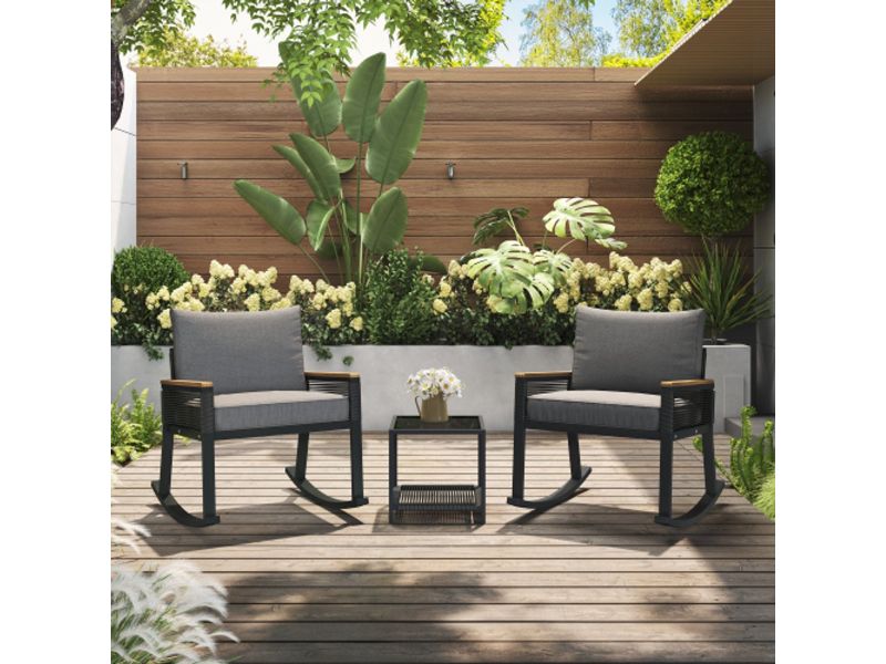 3-delige set, bistroset, schommelstoelset met touw, met glazen salontafel met