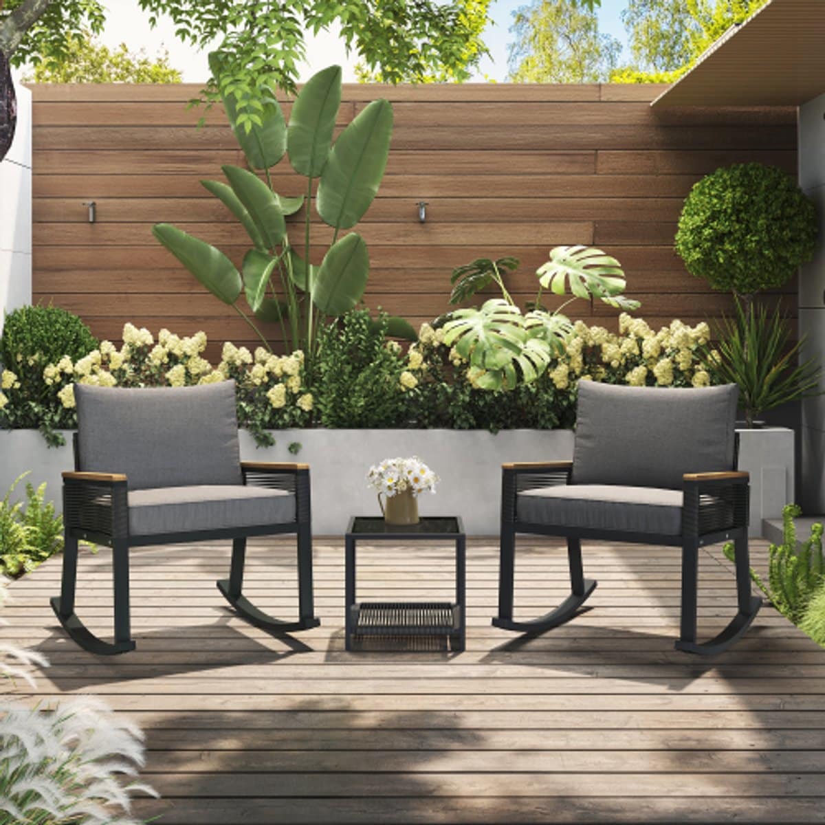 3 delige set, bistroset, schommelstoelset met touw, met glazen salontafel met