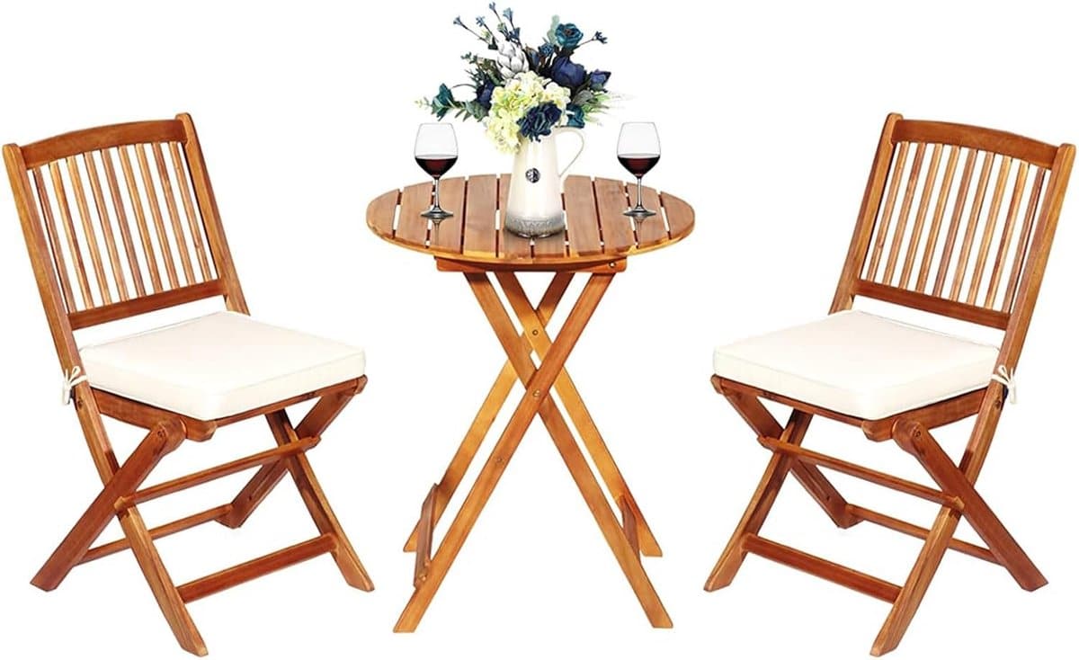 3 delige terrasmeubelset, inklapbaar, met ronde tafel en 2 stoelen