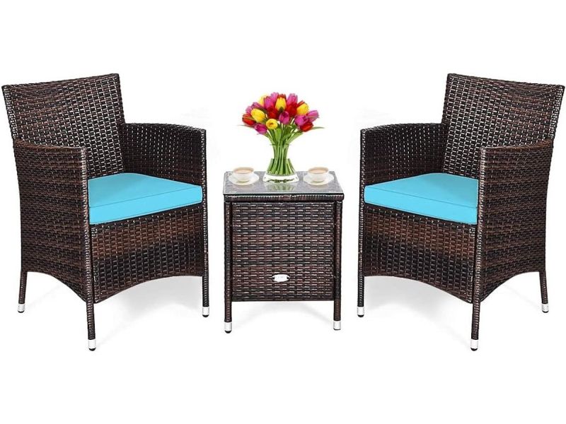 3-delige Terrasmeubelset Rotan Bistroset met Salontafel en Dikke Kussens voor