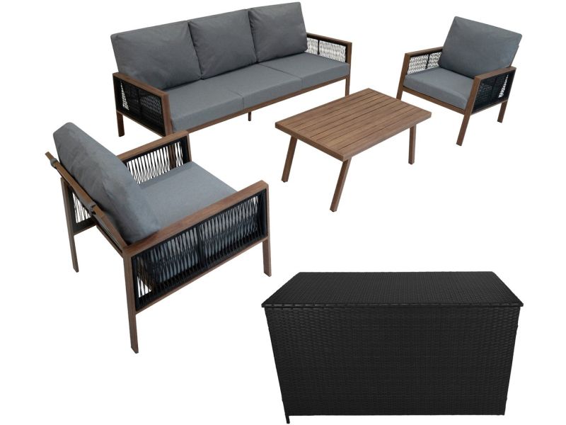 Aluminium Tuinmeubel Set 4-Delig Houteffect Rotan Opbergbox Zwart 582L