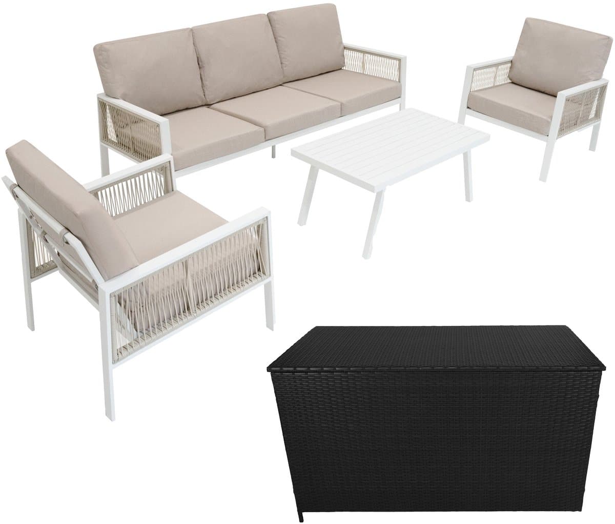 aluminium tuinmeubel set 4 delig wit rotan opbergbox zwart 582l