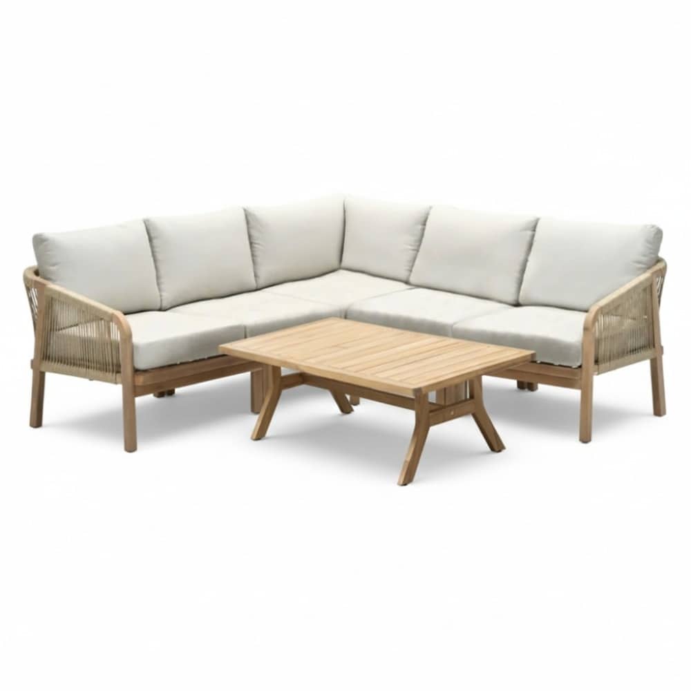 bergamo hoek loungeset 6 personen | touw + hardhout | zand | 4 delig 234x230cm