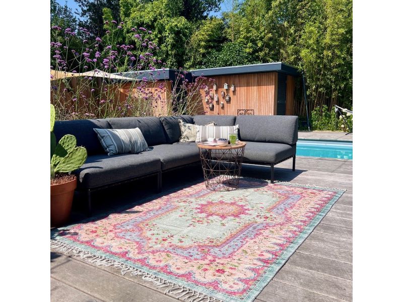 Buiten-binnen kleed, Buitentapijt | vintage patroon | roze, groen en blauw | 300cm x 200cm | Gemaakt van PET Flessen