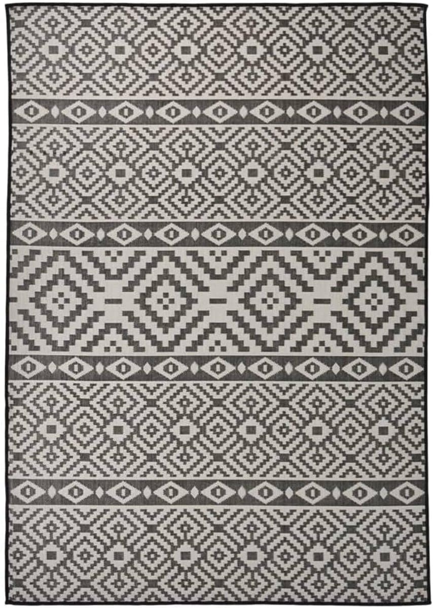 buitenkleed met patroon platte weef 140×200 cm zwart weerbestendig