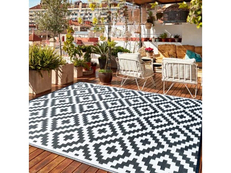 Buitenkleed voor Tuin 150x240 cm - Waterdicht Campingkleed Draagbaar Geweven Tapijt - Gemakkelijk Schoon te Maken - Geometrische Mat Zwart