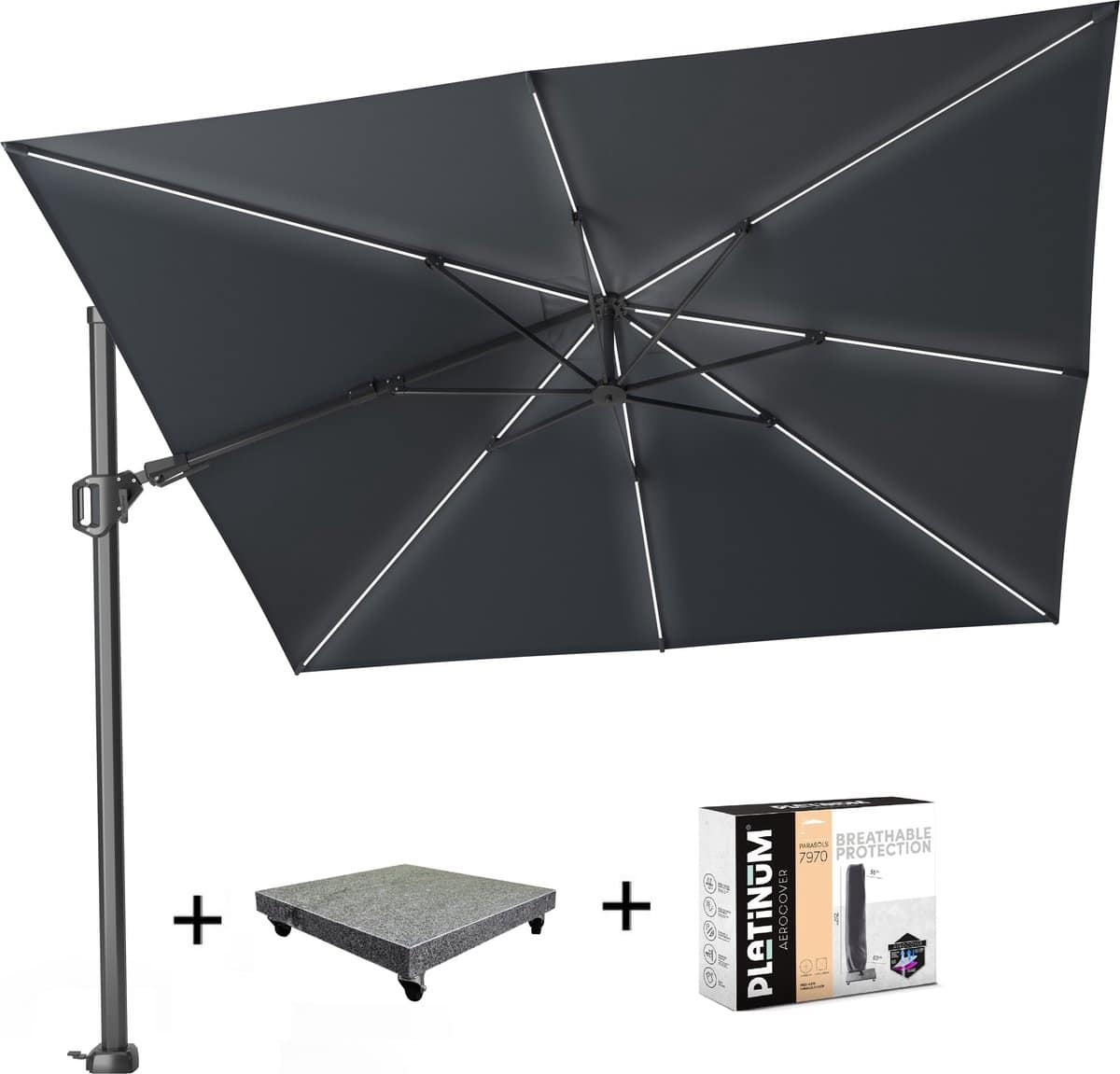 challenger t2 glow zweefparasol 300×300 cm antraciet met 90kg voet
