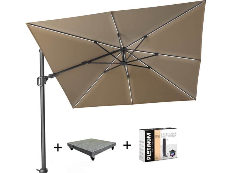 Challenger T2 glow zweefparasol 300x300 cm taupe met 90KG voet