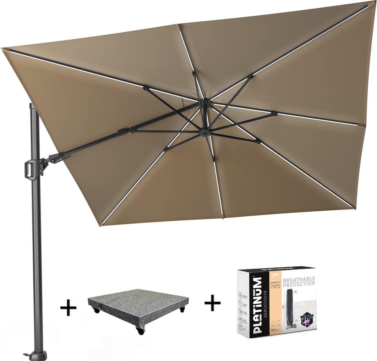challenger t2 glow zweefparasol 300×300 cm taupe met 90kg voet