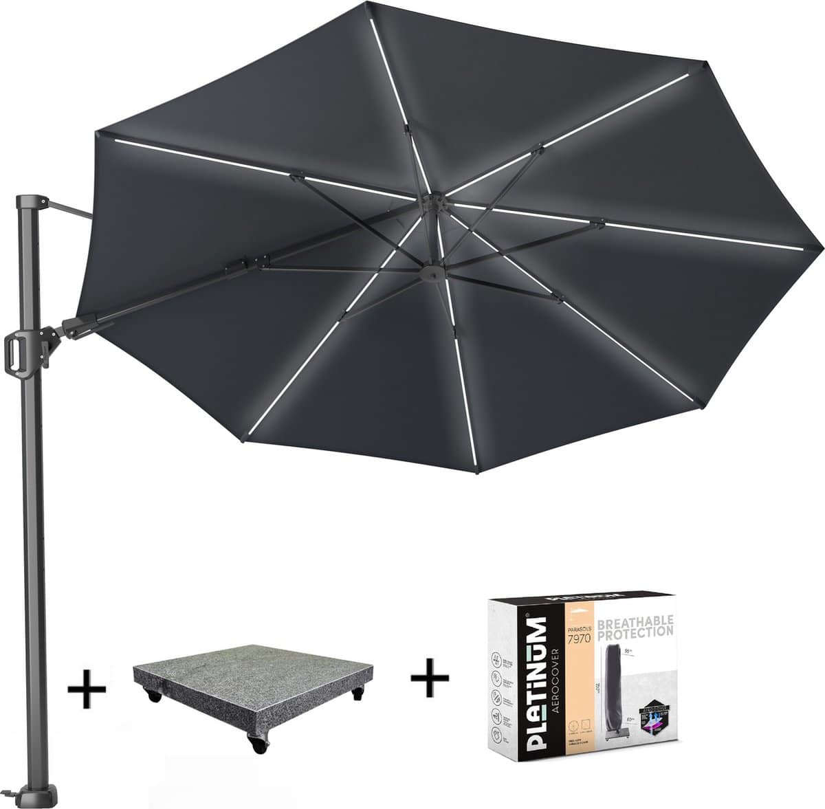challenger t2 glow zweefparasol 350 cm rond antraciet met 120kg