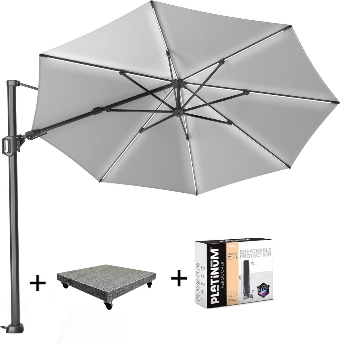 challenger t2 glow zweefparasol 350 cm rond lichtgrijs met 120kg