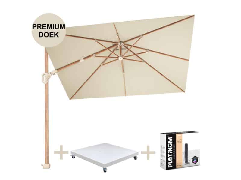 Challenger T2 premium parasol 260x350 cm teak champagne met zandkleur 90kg voet en hoes