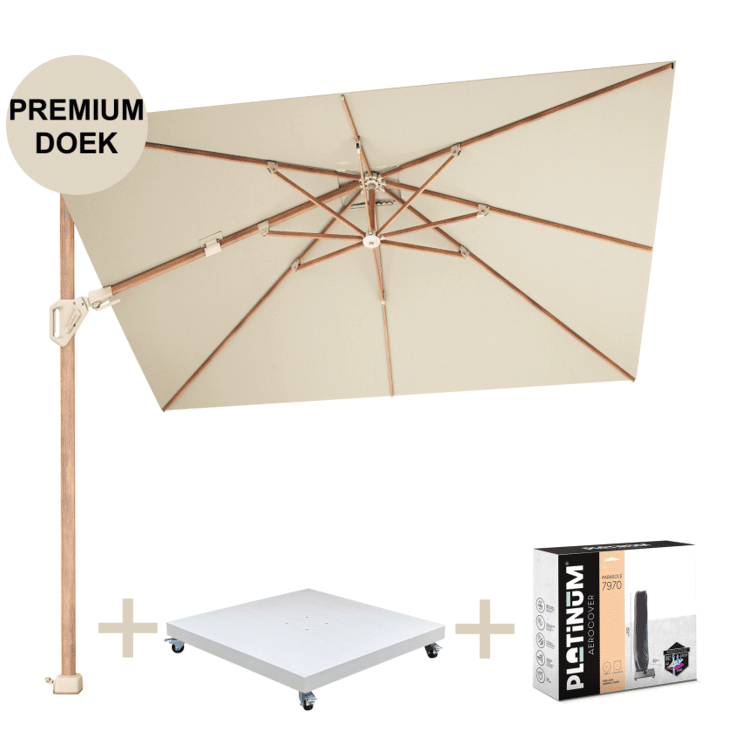 challenger t2 premium parasol 260×350 cm teak champagne met zandkleur 90kg voet en hoes