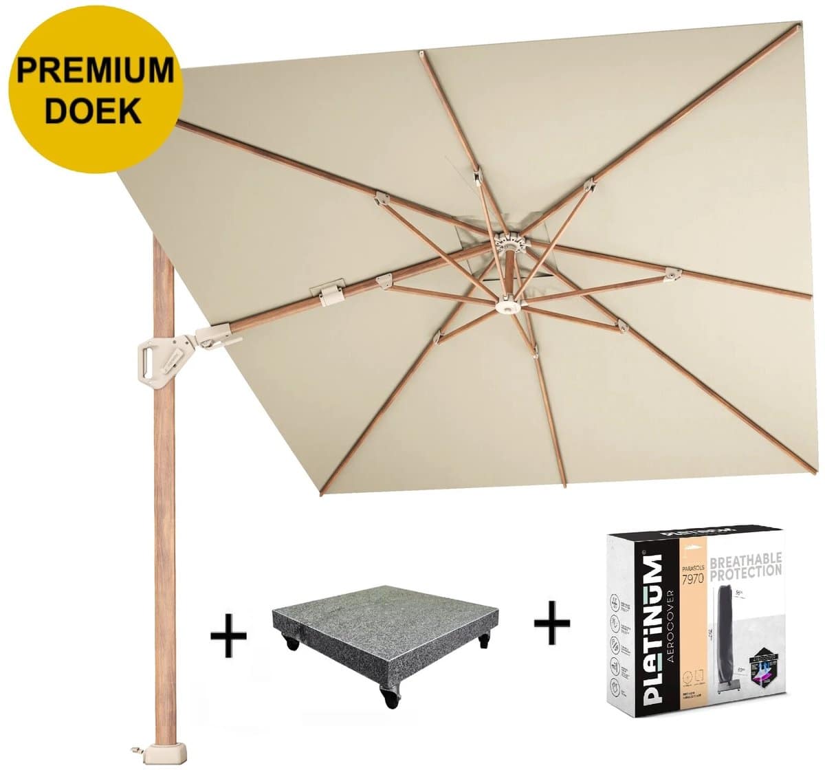 challenger t2 premium parasol 350×260 cm teak champagne met 90kg