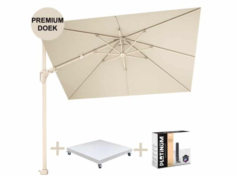 Challenger T2 premium zweefparasol 260x350 cm sandstone champagne met zandkleur 90kg voet en hoes