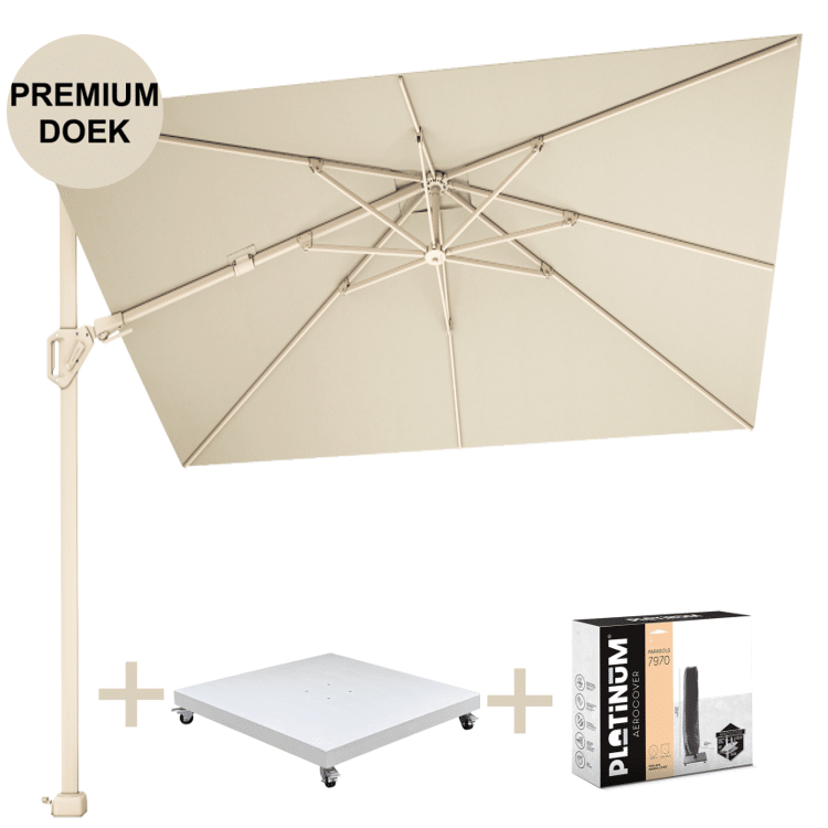 challenger t2 premium zweefparasol 260×350 cm sandstone champagne met zandkleur 90kg voet en hoes