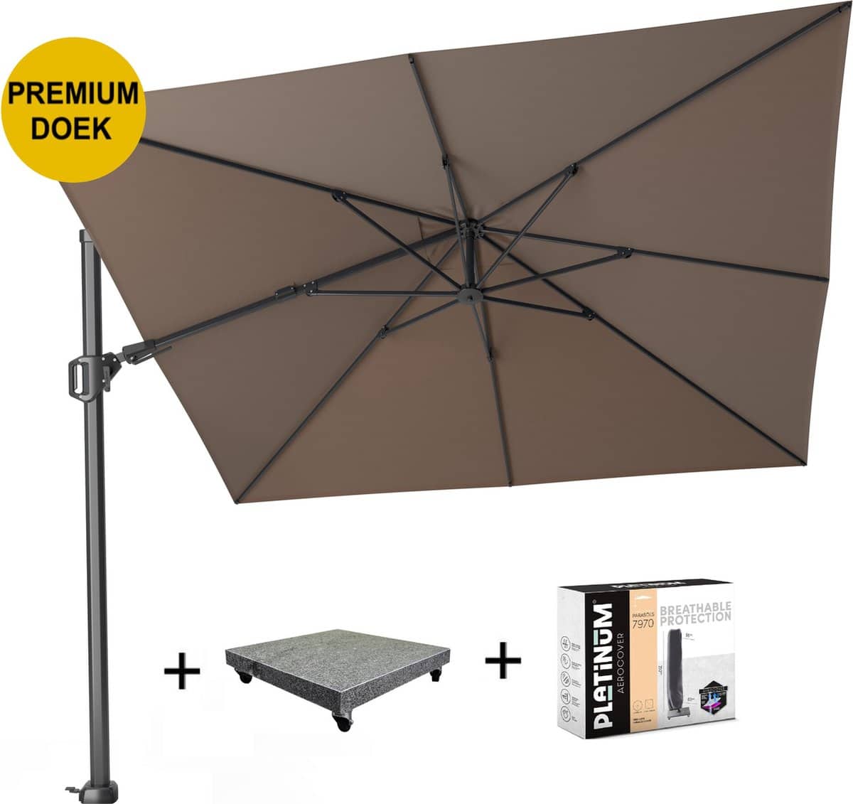 challenger t2 premium zweefparasol 300×300 cm havanna met 90kg voet