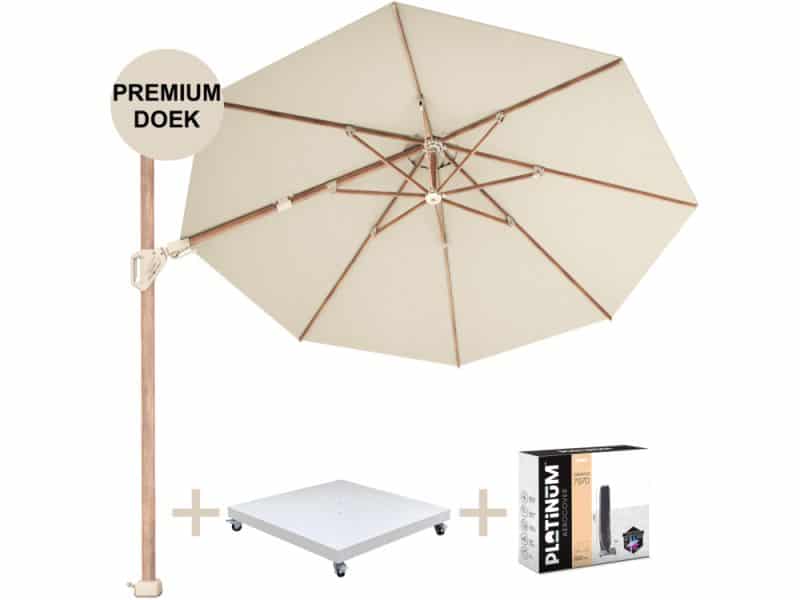 Challenger T2 premiumØ350 cm teak champagne met zandkleur 90 KG voet en hoes