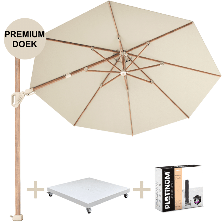 challenger t2 premiumØ350 cm teak champagne met zandkleur 90 kg voet en hoes