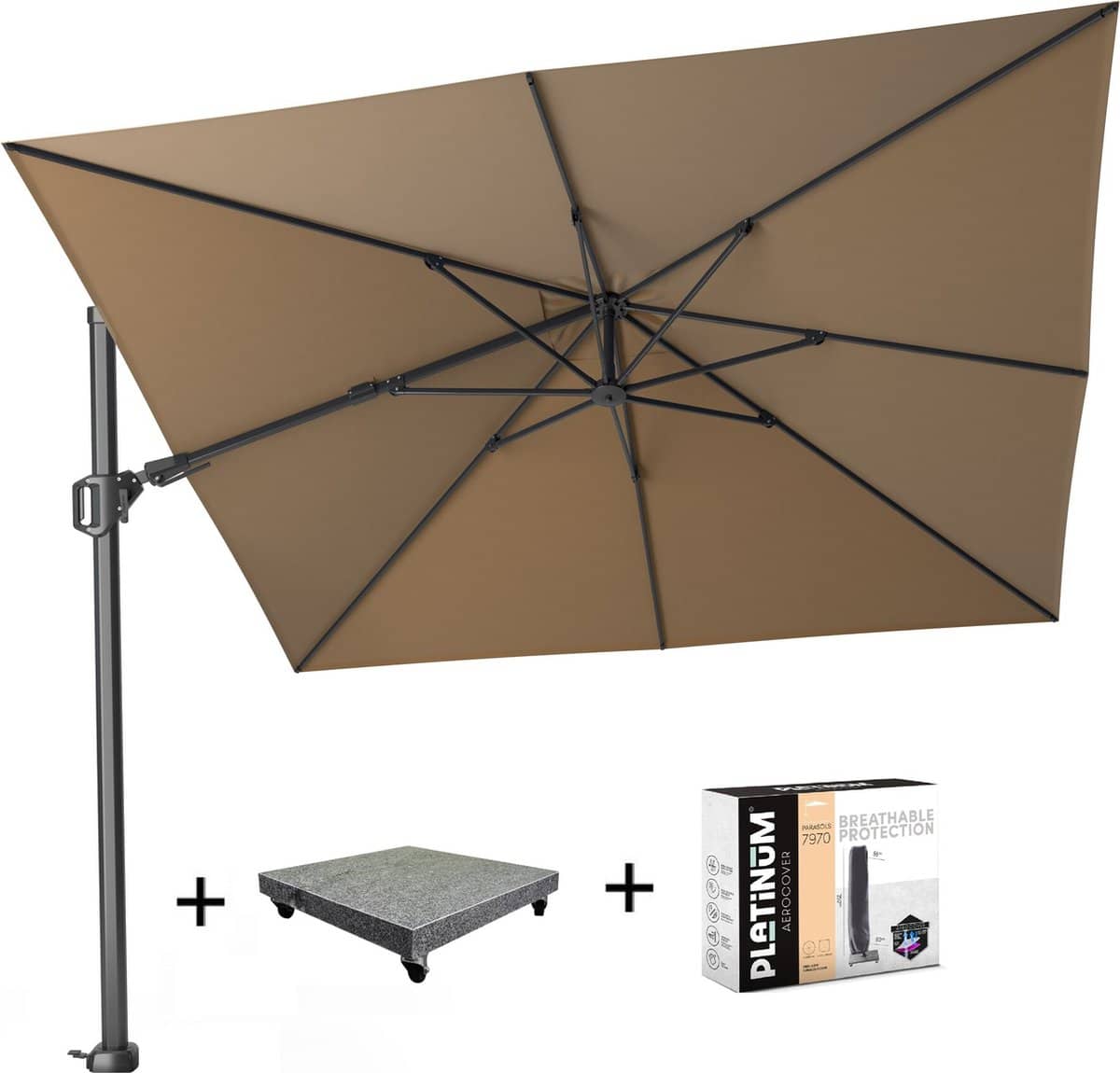 challenger t2 zweefparasol 300×300 cm taupe met 90 kg voet