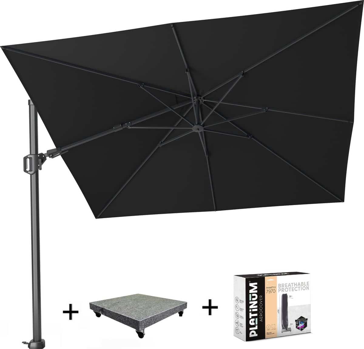 challenger t2 zweefparasol 300×300 cm zwart met 90kg voet en