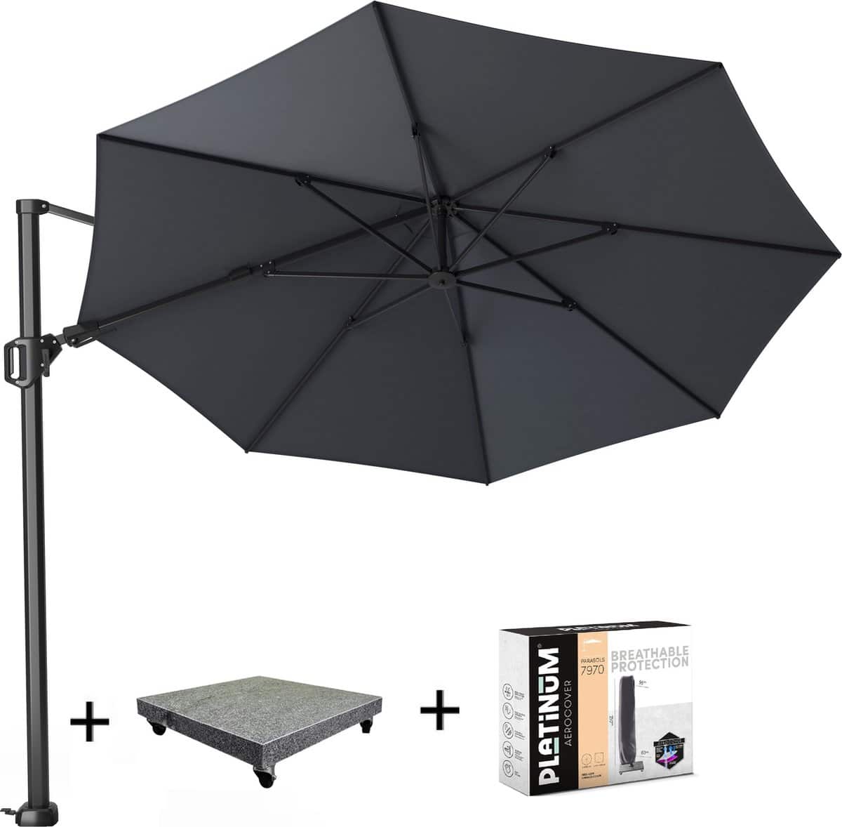 challenger t2 zweefparasol 350 cm rond antraciet met 90kg voet