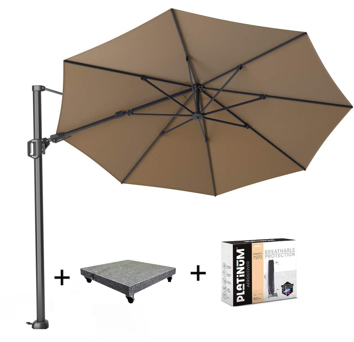 challenger t2 zweefparasol 350 cm rond taupe met 90kg voet