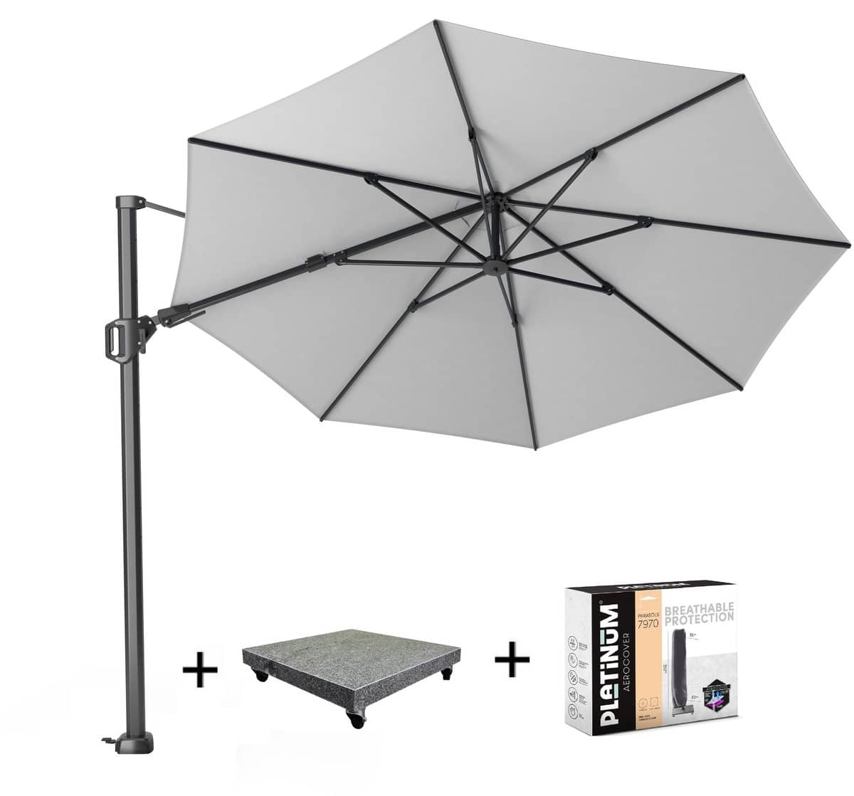 challenger t2 zweefparasol 350 cm rond wit met 90kg voet
