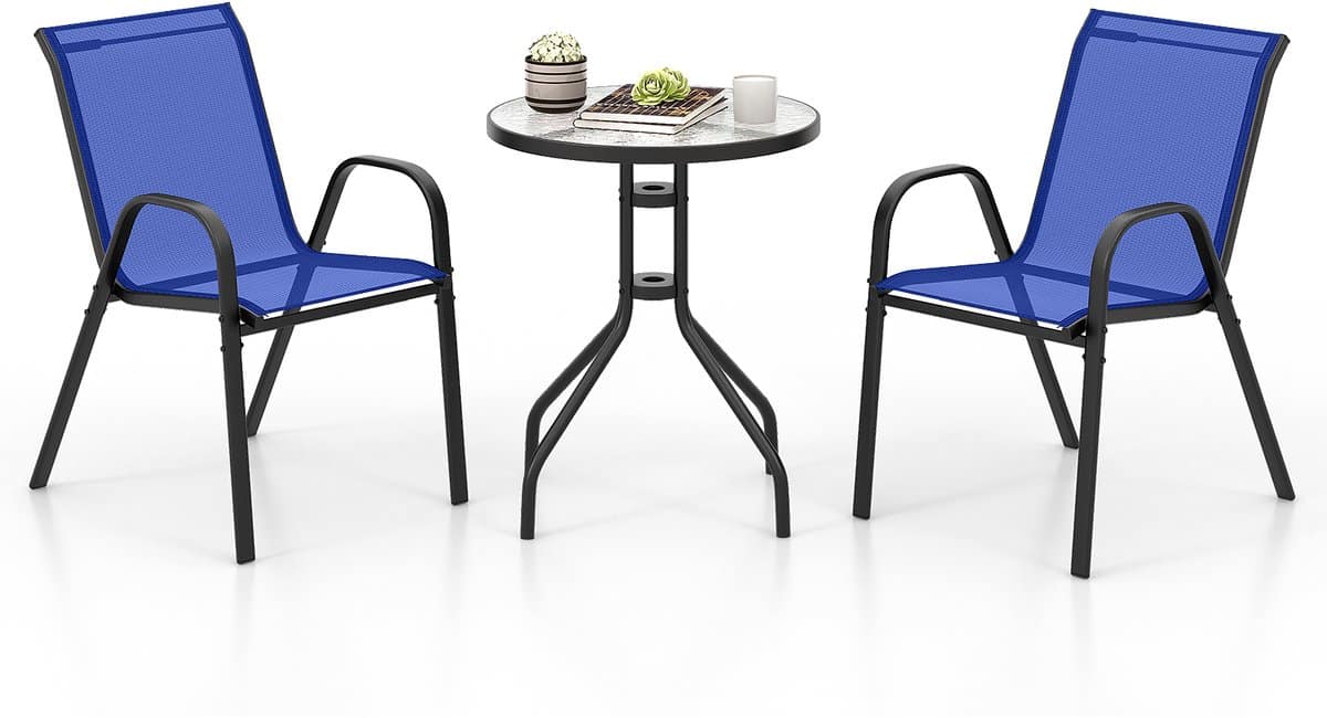 costway 3 delige balkonmeubelset, bistrotafel met 2 stapelbare stoelen