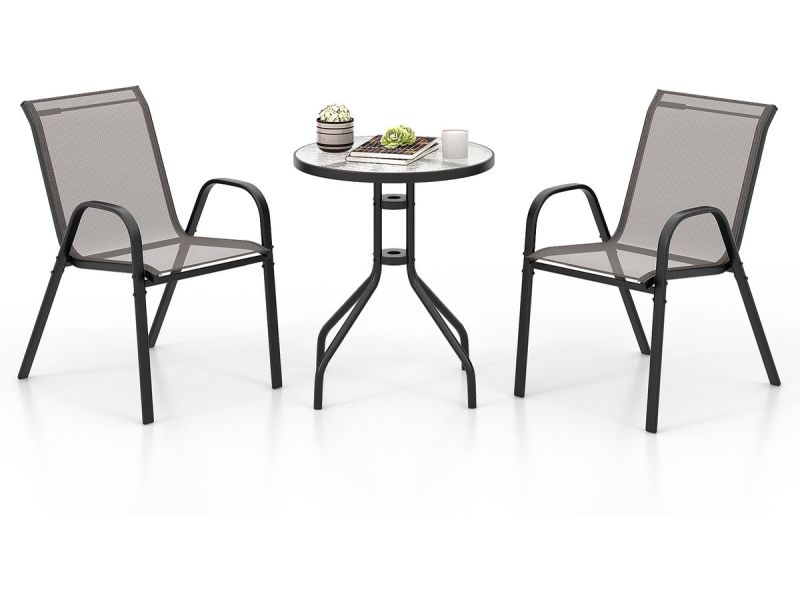 COSTWAY 3-delige balkonmeubelset, bistrotafel met 2 stapelbare stoelen