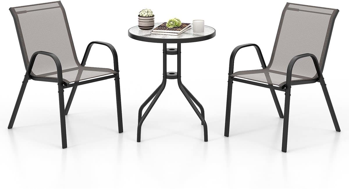 costway 3 delige balkonmeubelset, bistrotafel met 2 stapelbare stoelen