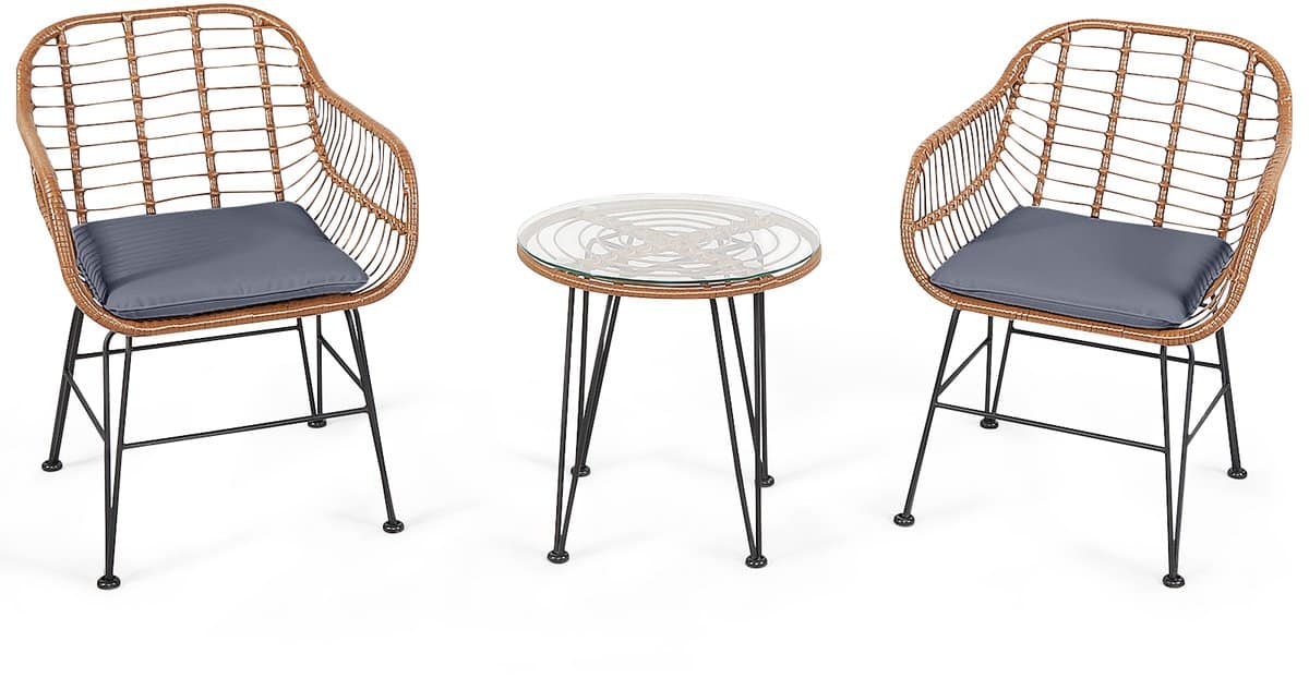 costway 3 delige bistroset 2 rotanstoelen & gehard glas bijzettafel &