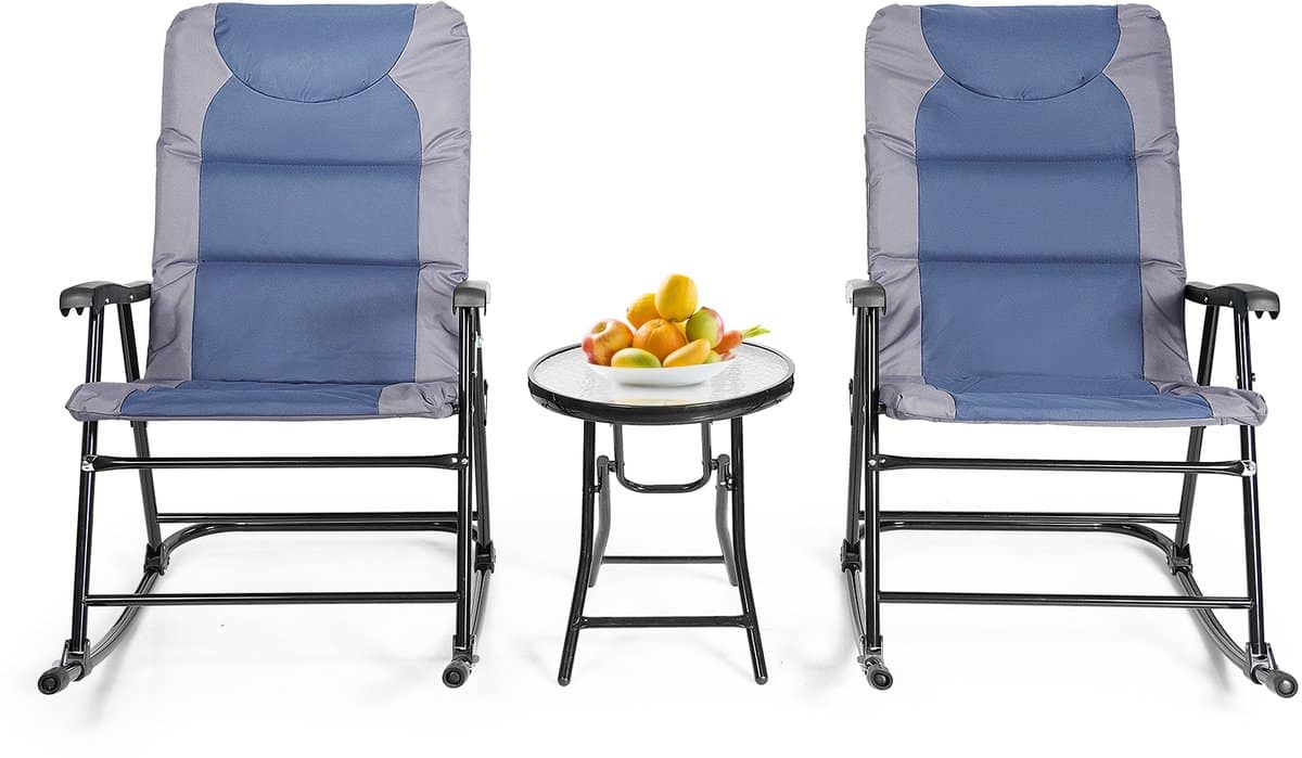 costway 3 delige schommelligstoel, ligstoelen met bijzettafel, tuinligstoel, bistroset