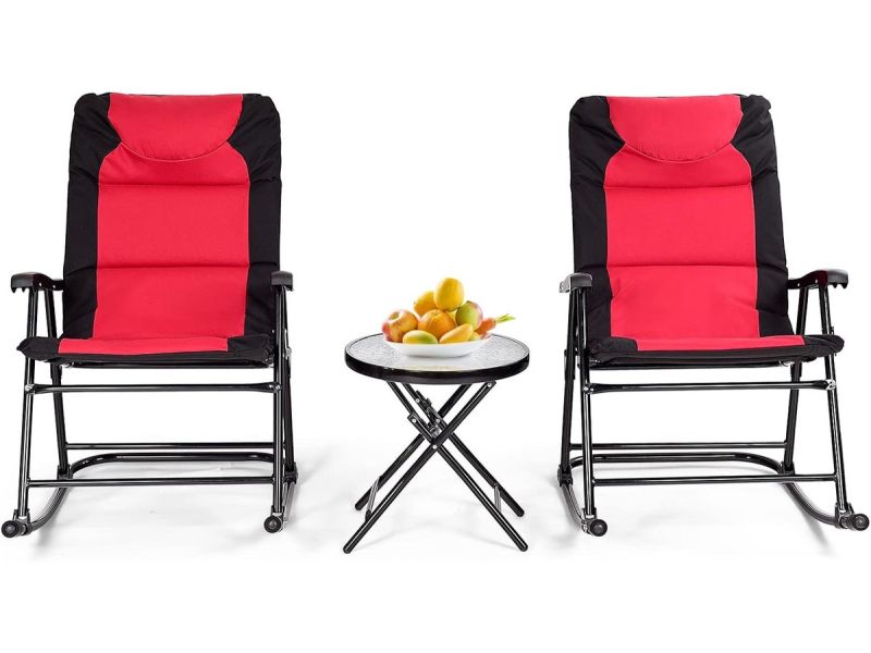 COSTWAY 3-delige schommelligstoel, ligstoelen met bijzettafel, tuinligstoel, bistroset