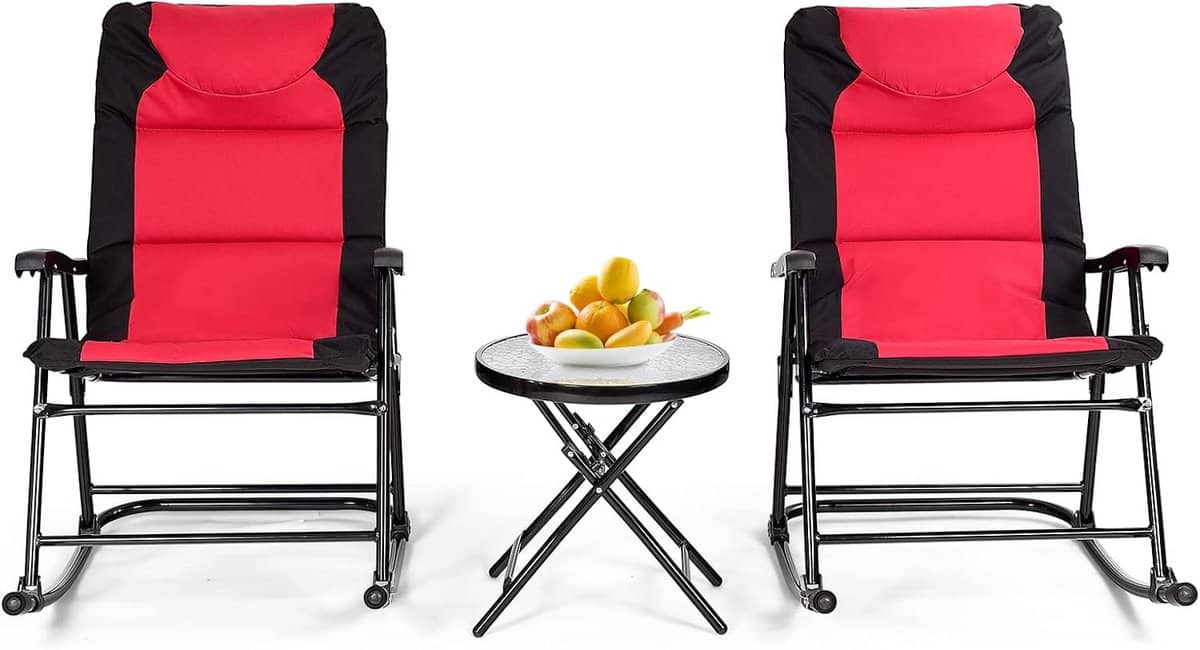 costway 3 delige schommelligstoel, ligstoelen met bijzettafel, tuinligstoel, bistroset